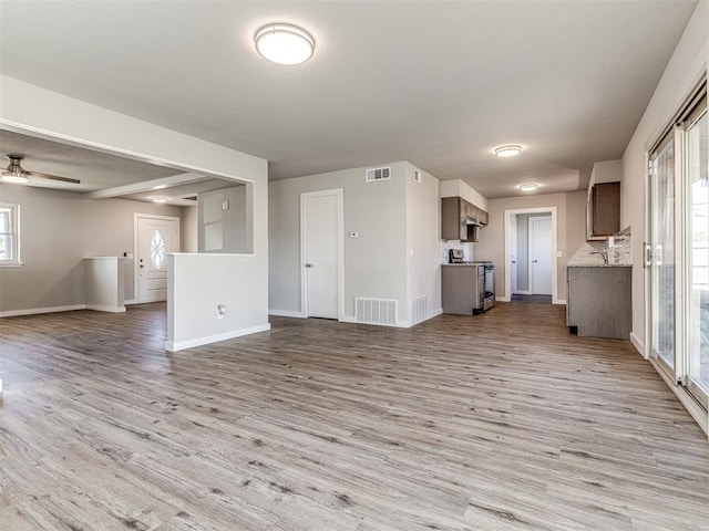 unfurnished living room with ceiling fan and light hardwood / wood-style flooring