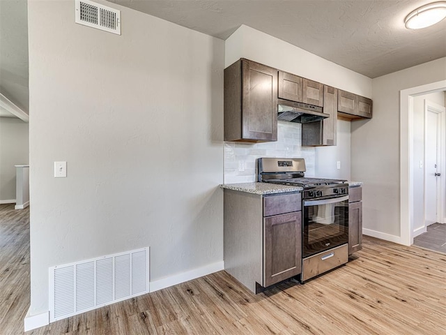 kitchen with light hardwood / wood-style floors, stainless steel range with gas cooktop, and backsplash