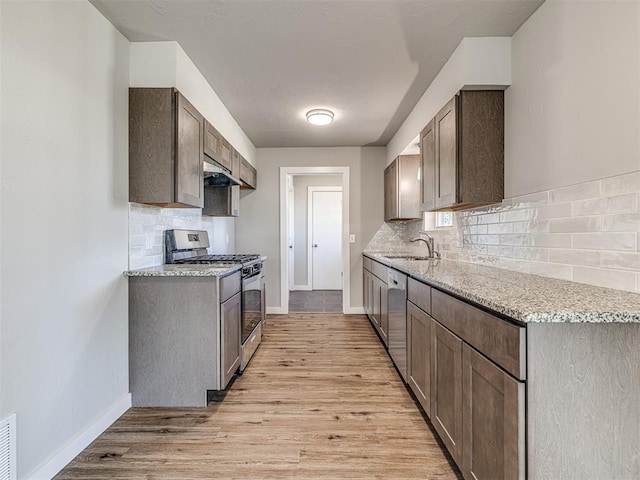 kitchen featuring backsplash, sink, light wood-type flooring, and appliances with stainless steel finishes