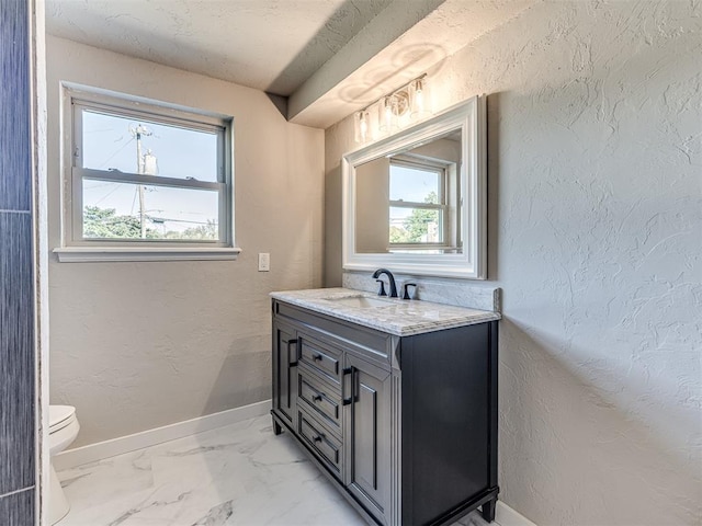 bathroom with a wealth of natural light, vanity, and toilet