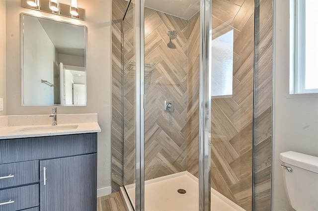 bathroom with vanity, an enclosed shower, and toilet