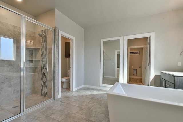 full bathroom featuring vanity, independent shower and bath, and toilet