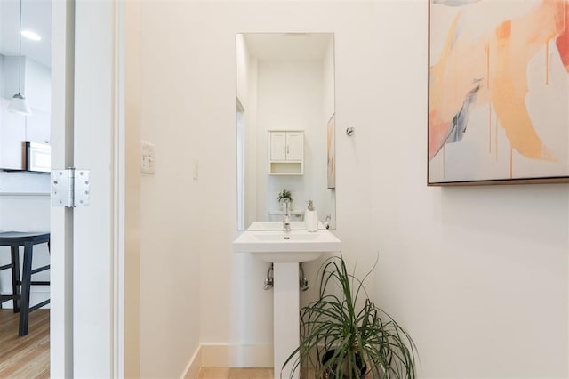 bathroom with wood-type flooring