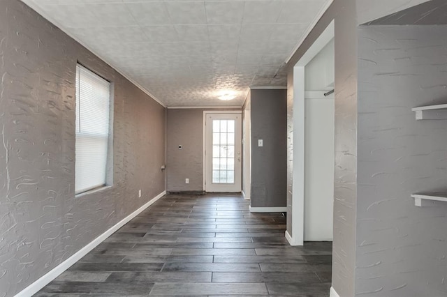 foyer entrance featuring dark wood-type flooring, crown molding, and a healthy amount of sunlight