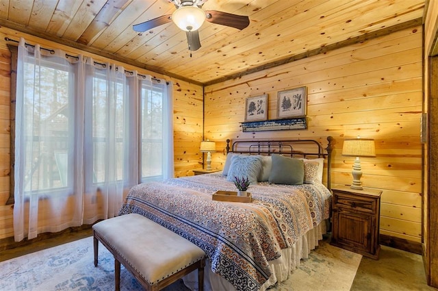 bedroom with wood walls, ceiling fan, and wood ceiling