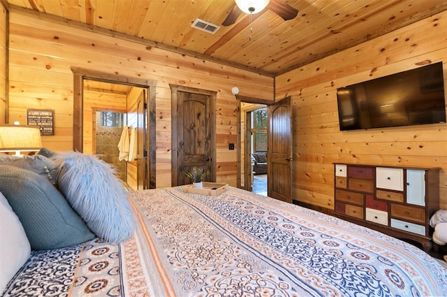 bedroom featuring ceiling fan, wood ceiling, and wood walls