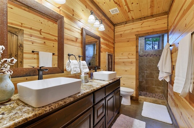 bathroom featuring vanity, wooden ceiling, toilet, and wooden walls