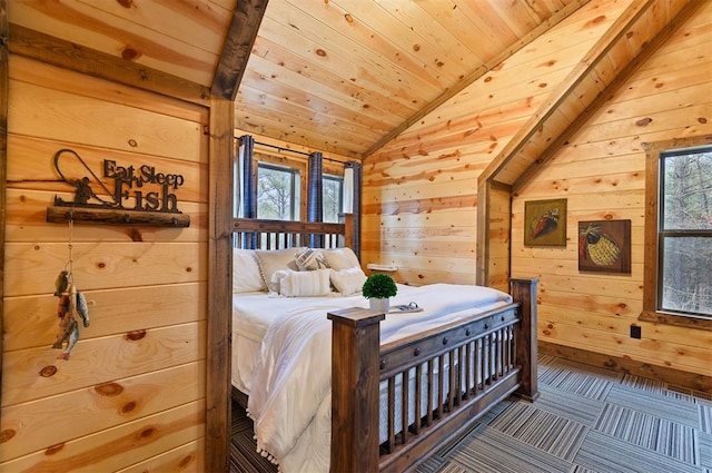 bedroom with vaulted ceiling, wood ceiling, and wood walls