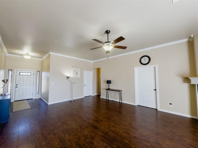 unfurnished living room with ornamental molding, ceiling fan, and dark wood-type flooring