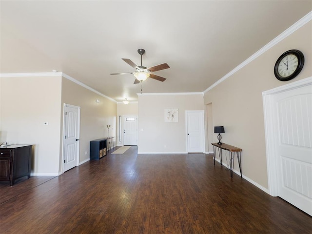 unfurnished living room featuring ceiling fan, dark hardwood / wood-style flooring, and crown molding