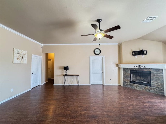 unfurnished living room with ceiling fan, dark hardwood / wood-style flooring, ornamental molding, and a fireplace