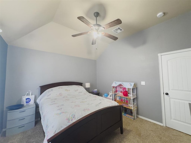 bedroom with ceiling fan, carpet, and lofted ceiling