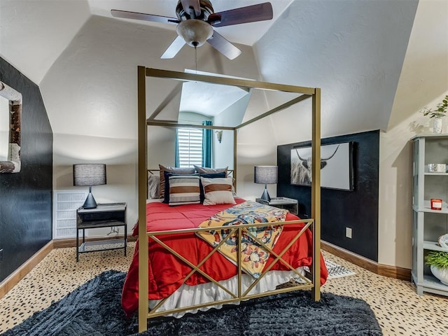 bedroom with ceiling fan and lofted ceiling