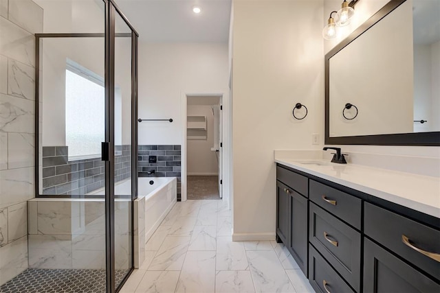 full bathroom with vanity, baseboards, marble finish floor, a bath, and a stall shower