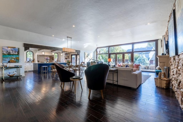 living room featuring dark wood-type flooring