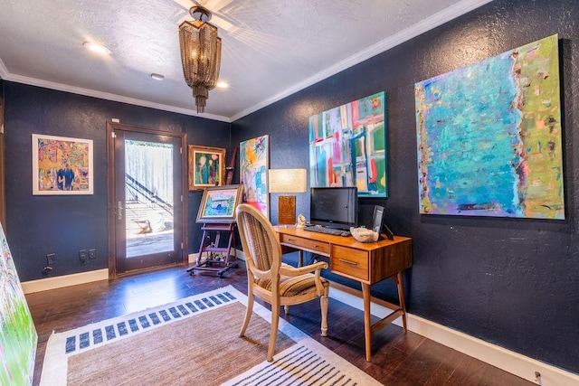 office with wood-type flooring and crown molding