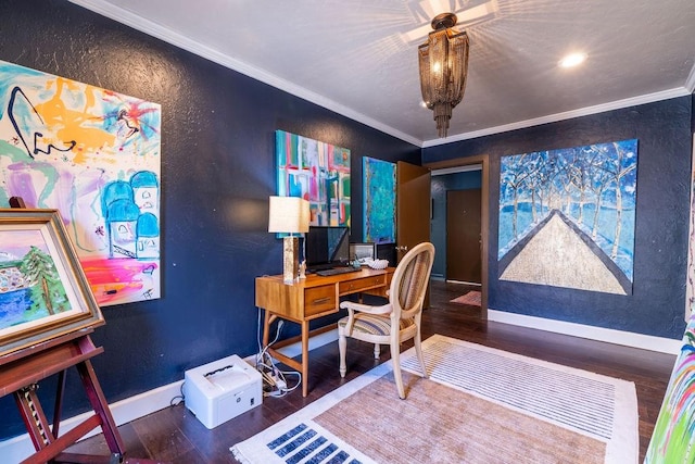 office area with wood-type flooring and crown molding