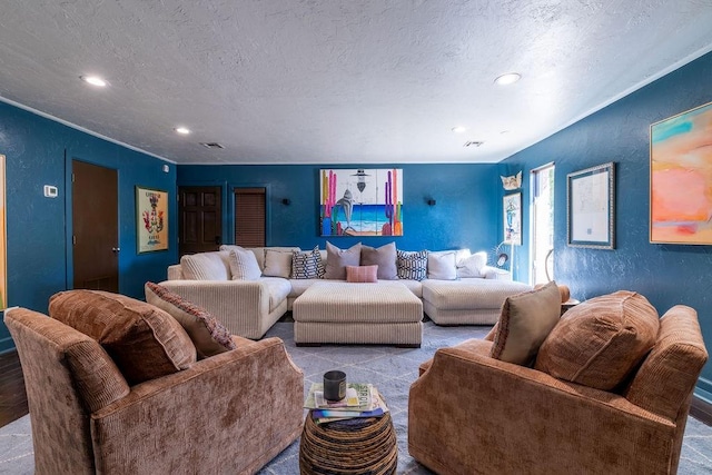 living room featuring a textured ceiling