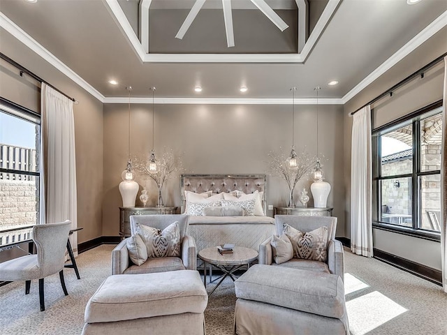 bedroom with carpet floors and ornamental molding