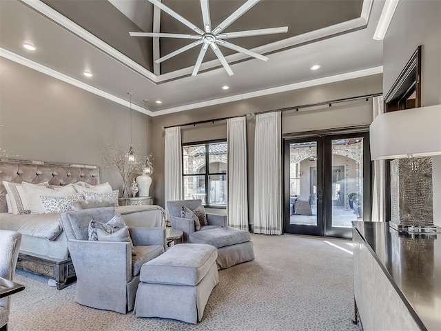 carpeted bedroom with access to outside, french doors, and ornamental molding