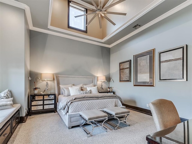 bedroom with light colored carpet, ceiling fan, and ornamental molding