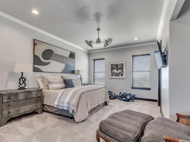 carpeted bedroom featuring crown molding