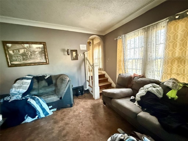 living room featuring ornamental molding and a textured ceiling