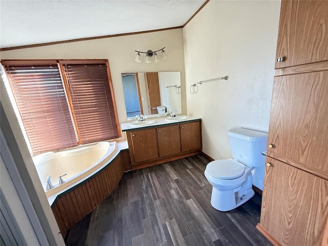 bathroom featuring wood finished floors, a sink, a bath, and toilet