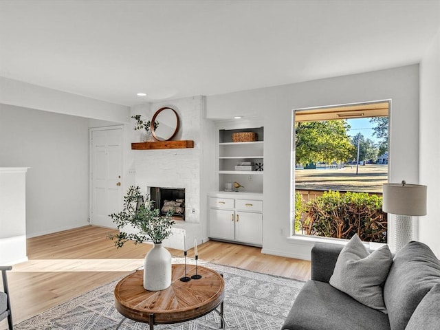 living room with a fireplace, light hardwood / wood-style floors, and built in features