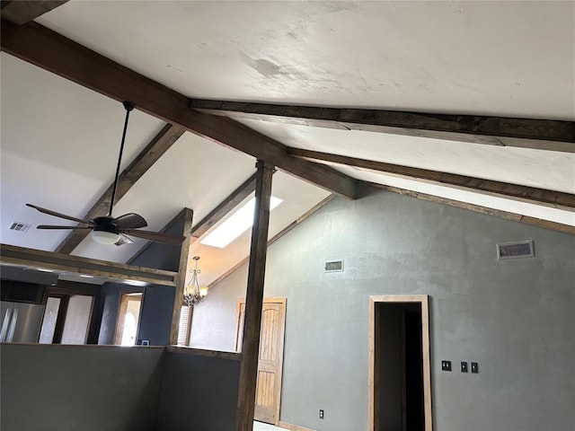 interior details featuring beamed ceiling and a chandelier