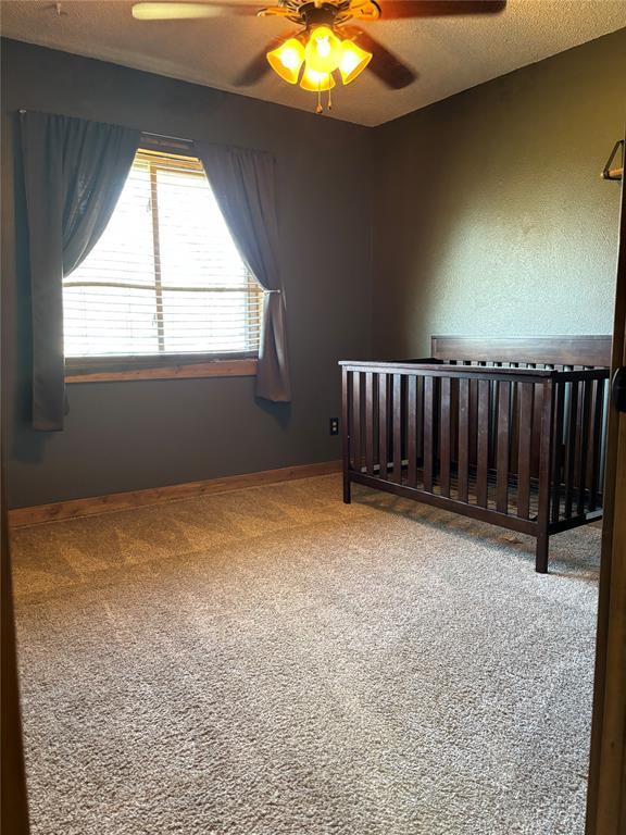 carpeted bedroom with ceiling fan