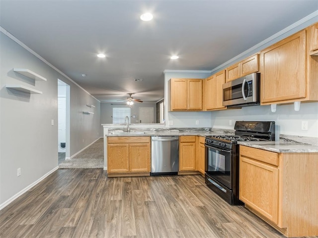 kitchen featuring appliances with stainless steel finishes, ceiling fan, crown molding, light brown cabinets, and wood-type flooring