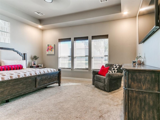 bedroom featuring carpet floors and a tray ceiling