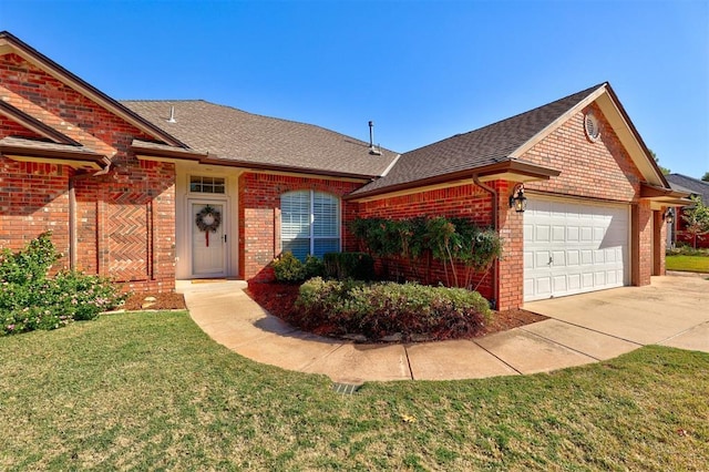 ranch-style house with a garage and a front lawn