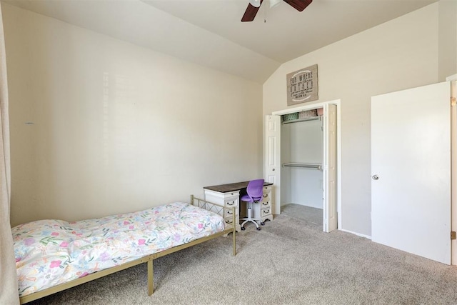 carpeted bedroom with ceiling fan and lofted ceiling