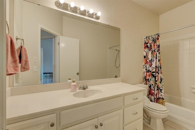 full bathroom featuring toilet, vanity, tile patterned floors, and shower / bath combo with shower curtain