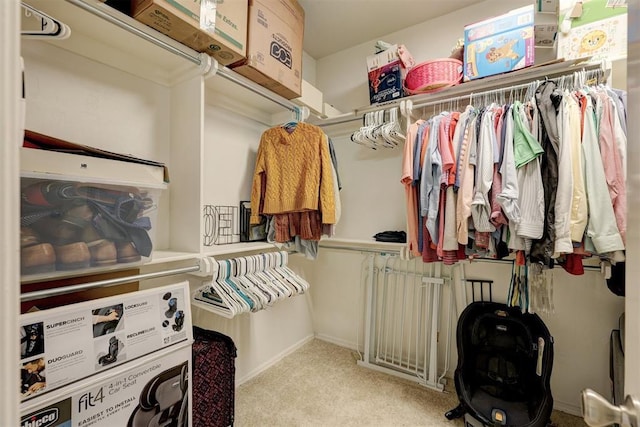 walk in closet with light colored carpet