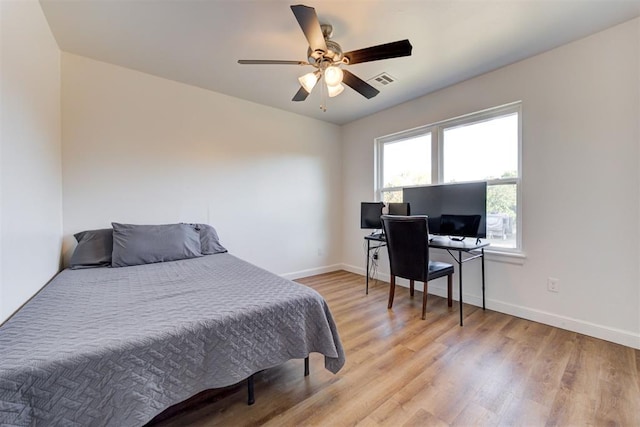 bedroom with ceiling fan and light hardwood / wood-style floors