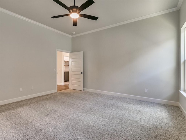 spare room featuring carpet flooring, crown molding, and ceiling fan