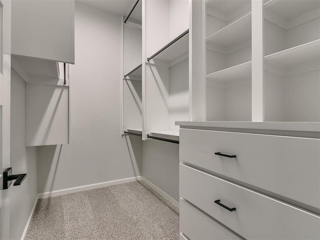 spacious closet featuring light colored carpet