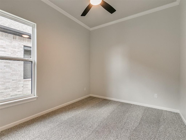 carpeted spare room featuring plenty of natural light, ornamental molding, and ceiling fan