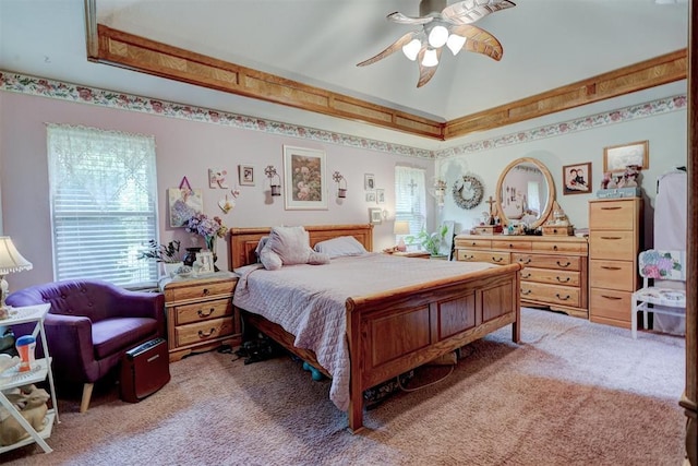 bedroom with light colored carpet and ceiling fan