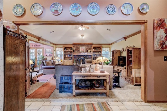 living room featuring vaulted ceiling, ornamental molding, and light colored carpet