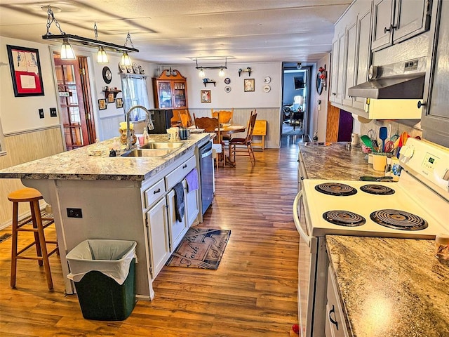 kitchen with dishwasher, white range with electric cooktop, sink, wooden walls, and an island with sink