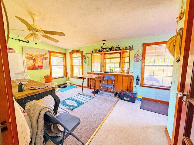 carpeted office with ceiling fan, a healthy amount of sunlight, and a textured ceiling