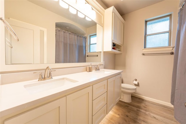 bathroom with vanity, hardwood / wood-style flooring, toilet, and curtained shower