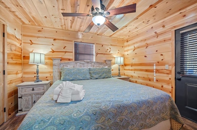 bedroom with wood-type flooring, ceiling fan, wooden walls, and wood ceiling