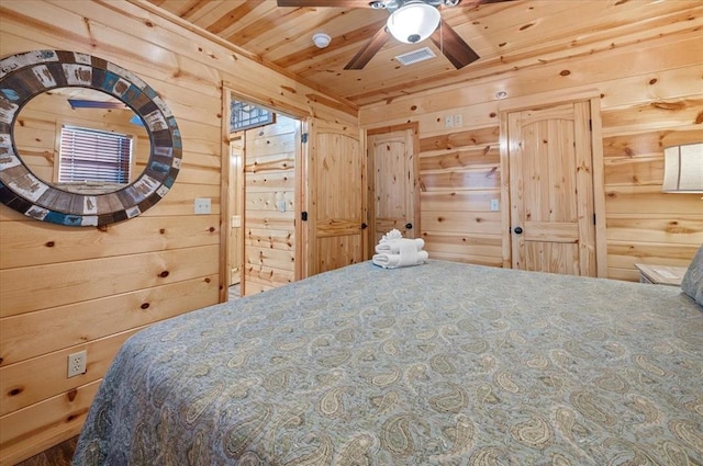 bedroom with wooden walls, ceiling fan, and wood ceiling