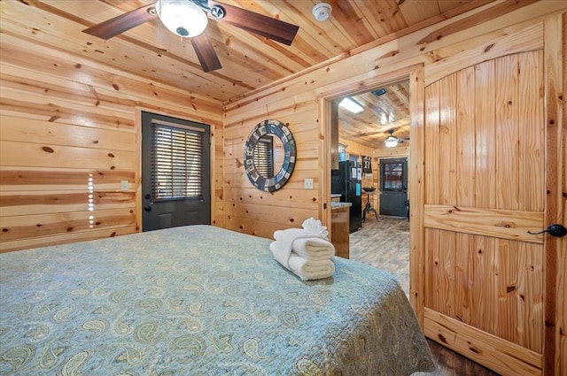 bedroom featuring ceiling fan, wood ceiling, and wooden walls