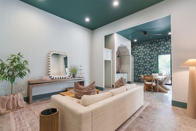 living room featuring ceiling fan